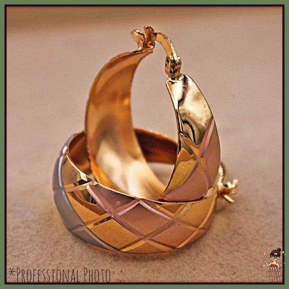 ✨NWOT/18k Gold Filled, Tri-Color, Smooth Lattice, Round Hollow Hoops - Picture 3 of 11